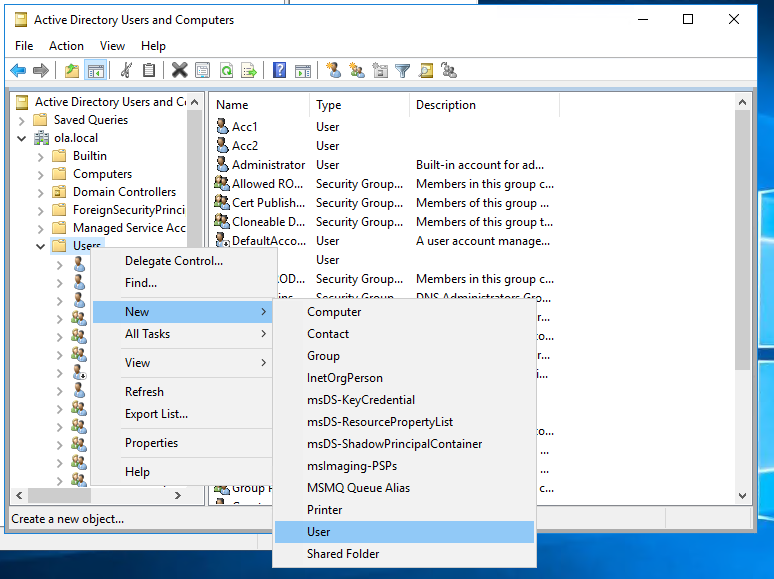 Creating a new domain user in Active Directory