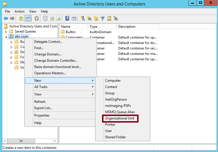 Creating Organizational Units (OUs) in Active Directory